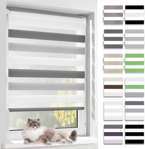 BelleMax Doppelrollo Klemmfix ohne Bohren & mit Bohren, Weiß Grau Anthrazit B35 x H120 cm (Stoffbreite 35cm), Fensterrollo lichtdurchlässig & Blickdicht, Klemmrollo Sichtschutz & Sonnenschutz