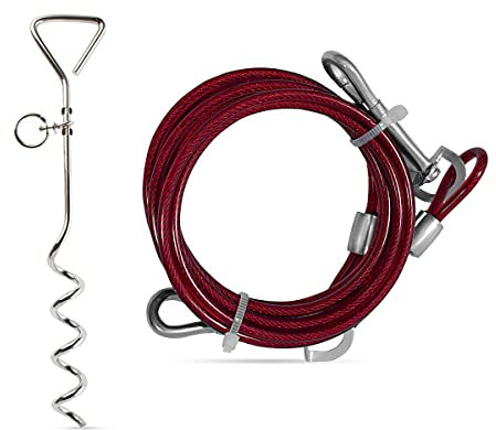 Dog Tie Out Cable and Stake - 6ft PVC Covered Metal Tie Out Cable for Dogs,16 Spiral Ground Spike Dog Stake for Camping - Suitable for All Breeds Puppy Pet Accessories - Red