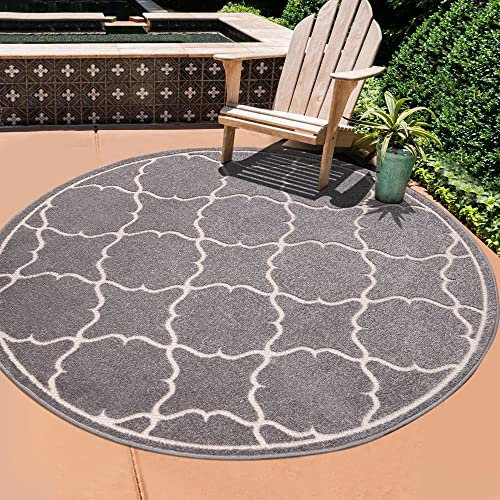 SANAT Outdoor Teppich Wetterfest - Für Innen- und Außenbereich - Wasserabweisend für Balkon, Terrasse, Garten, Küche, Bad oder Wohnzimmer - Hellgrau, 200 cm Rund