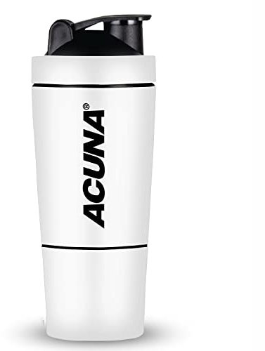 ACUNA Edelstahl-Protein-Shaker-Flasche, 591 ml, luftdicht, auslaufsicher, Fitness-Shaker mit Fach zur Aufbewahrung von Nahrungsergänzungsmitteln, Nahrungsergänzungsmittel, Shaker-Flasche (weiß)