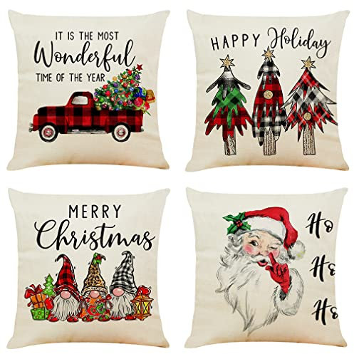 NIULAA 4 Stück Kissenbezug Weihnachten 50x50, Weihnachten Kissenbezug Dekokissen Couch Weihnachtsdeko Kissenhülle Weihnachtskissenbezug Leinen Sofa Kissen Weihnachten Couchkissen