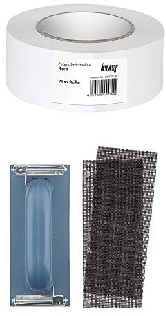 Knauf Fugen-Deckstreifen Kurt, reißfester Bewehrungs-Streifen zur Verspachtelung von Gipskarton-Platten: Faserband mit hoher Festigkeit, 25-m inkl. Handschleifer für Gips