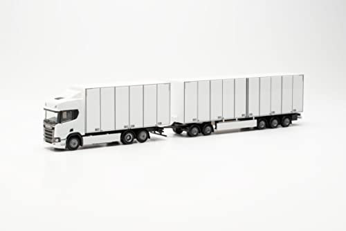 herpa 315517 CR20 LKW Modell Scania CR 20 HD Schwedencombi, originalgetreu im Maßstab 1:87, Modell LKW für Diorama, Modellbau Sammlerstück, Deko Miniaturmodelle aus Kunststoff, weiß