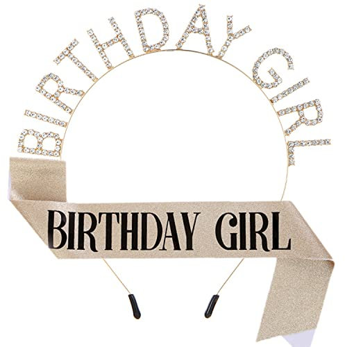 ZHOUHON Geburtstag Kopfschmuck, Geburtstag Schärpe, Mädchen Kristall Tiara, Girls Birthday Party Decorations Set (Gold)