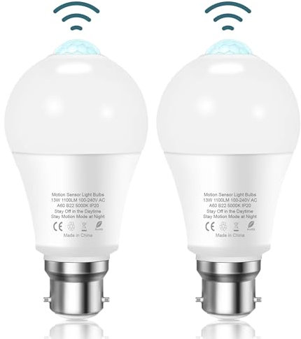 Torkase PIR Motion Sensor Light Bulb, 13W B22 Bayonet Smart Light Bulbs, 5000K Cool White Infrared Lamp, Auto On/Off Motion Sensor Lights Indoor Outdoor Bulbs for Garage, Bathroom, Hallway, 2 Pack