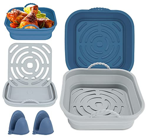Silikon Backpapier Für Heißluftfritteuse, 2Pcs 8.3Inch Airfryer Zubehör, Silikonform Heißluftfritteuse Reusable, mit zwei Ofenhandschuhen(Bule and Gray)