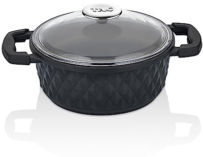 Taç Bella Aluguss Topf | Bräter en Schmortopf mit Deckel, Kochtopf Induktions Topf ideal zum Brotbacken und Hot Pot – Non-Toxic, PFOA-frei, Ofen- und Spülmaschinengeeignet (Glas Deckel, 24 cm)
