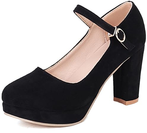 Scarpe Mary Jane da Donna con Tacco Largo, Pompe al Tallone Alto Punta Rotonda Fibbia Vestito Pumps con Plateau Eleganti Scarpe da Sera Qpxapf Nero Numero 47 EU