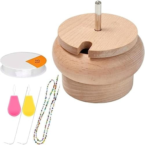 GENCAM Holzperle Spinner, 2 in 1 Perlensets mit Garnspulenaufwickler, Perlen-Spinner aus Holz für Schmuckherstellung, Holzperlenspinner mit 2 Perlennadeln und Einfädelwerkzeug