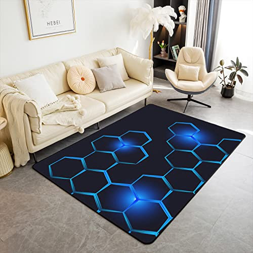Loussiesd Wabenteppiche für Wohnzimmer Schlafzimmer Moderne Geometrie Hexagon Themenbereich Teppich 100x150cm Dekor Geometrische Innenbodenmatte Bienenstock Blau Schwarz Küchenteppich Schlafzimmer
