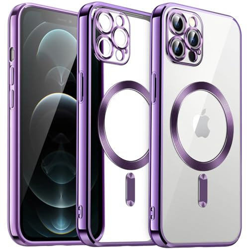 JETech Cover Trasparente Morbida per iPhone 12 Pro Max 6,7 Pollici, Obiettivo per Fotocamera Protezione Completa, Compatibile con MagSafe Ricarica Wireless, Custodia Placcatura con TPU (Viola)