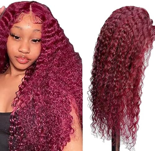 Hxxcoup Human Hair Wig Echthaar Perücke Curly Wave 13x1 Lace Frontal Wig Burgundy Perücke Echthaar Rote Perücke Damen Brazilian Virgin Hair Wig Ombre Color Curly Wave Hair No Tangle 18 Zoll