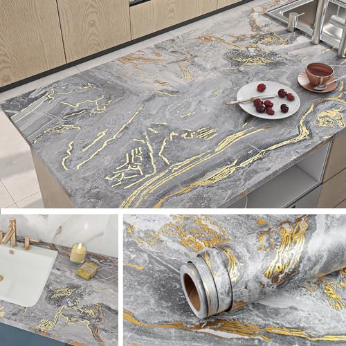 Livelynine Revêtement Plan de Travail Adhésif Cuisine Salle de Bain Grande Largeur 90CMx500M Papier Peint Adhesif Mural Salon Marbre Gris Clair et Or Papier Peint Salle de Bain Lavable Mural