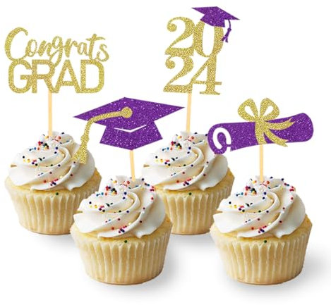24 Stück Glitzer 2025 Graduation Cupcake Toppers, Abschlussfeier Cupcake toppers, Bachelor Hut Deko, Abschluss Deko für Graduation Abschlussparty Dekoration (lila & gold)