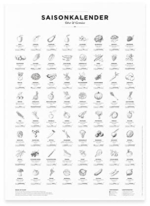 Saisonkalender Obst & Gemüse, Poster, Plakat, Küchen Deko, wall decor (Schwarz/Weiß, A3 (29,7 x 42,0cm))