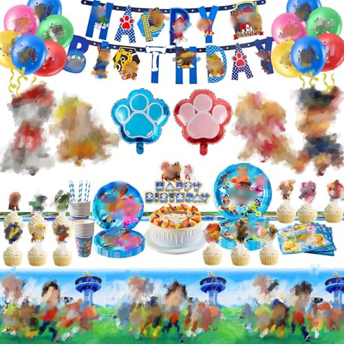 Dog Birthday Party Decorations - 105PCS Tableware Set With Balloons, Cake Toppers, Napkins, Banner, Plates and Supplies
