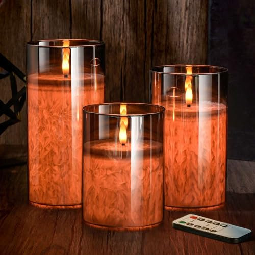 MOZC LED kerzen flackernde flamme, Flammenlose Kerzen mit Timerfunktion im Glass, Elektrische Echtwachskerzen mit Fernbedienung, 3 teilige LED Kerzen für Deko Schlafzimmer, Badezimmer Deko (Grau)