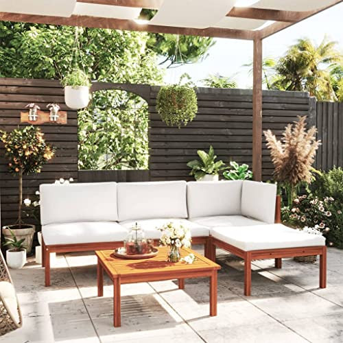 Willood 5-TLG. Gartenmöbel Set Garten Terrasse Balkonmöbel Sofa Bank Gartenset Sitzgarnitur Mittelsofa Ecksofa Garten Lounge Set mit Kissen Cremeweiß Massivholz Akazie