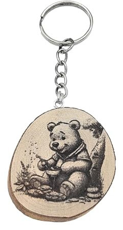 Promotech Porte-clés unique en bois gravé au laser l'ourson, Bois naturel, W5L5