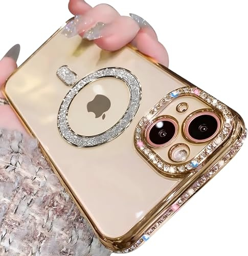 Rokmym Glitzer Hülle für iPhone 15 Pro Max Kompatibel mit Mag-Safe Bling Diamant Glitzer Schutzhülle für Mädchen Transparent stoßfest Bumper Magnetisch Handyhülle Case Cover für iPhone 15 Pro Max