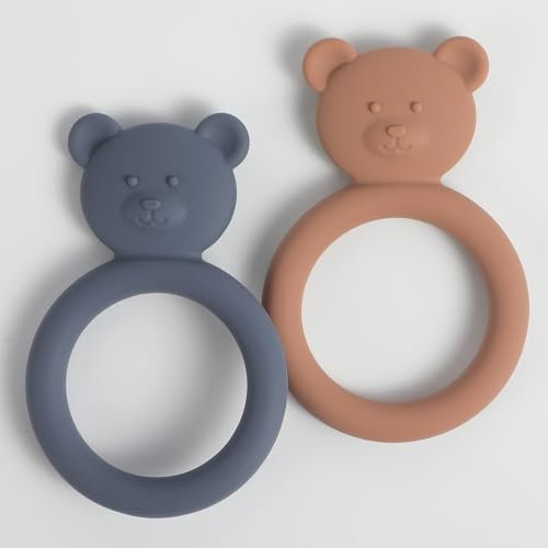 meanus Beißringe für Babys, Bärenförmig Beißring Spielzeug aus Silikon, BPA-frei (Iron+Cloudy Mauve)