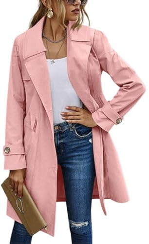 Onsoyours Trench Coat Femme Longue Printemps Veste Trench Chic et Elegant Couleur Unie Manches Longues Automne Casual Cardigan Long Blouson Coupe Vent Outwear A Rose L