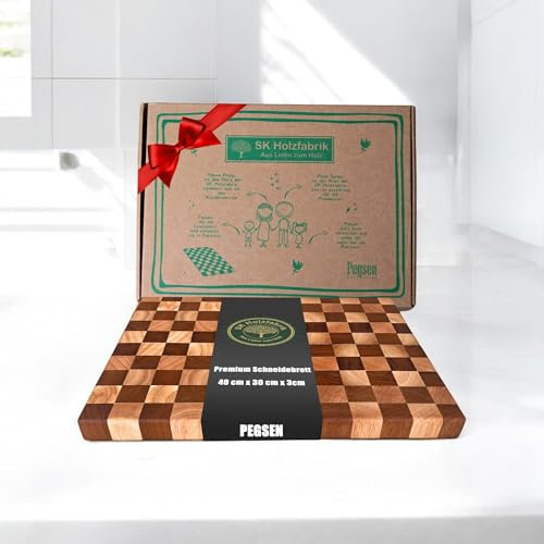 Premium Schneidebrett Schachbrett aus Akazien und Kautschukholz - 40 x 30 x 3 cm Hochwertiges Küchenbrett aus Holz - Holzschneidebrett groß mit Standfüßen und optionaler Saftrille