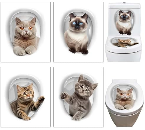 Eowppue Kit de Stickers Toilette en 3D - Stickers WC et Muraux Salle de Bain, Décoration WC, Ensemble de 4 Modèles de Chat Adorable - Idéal pour la Maison et les Lieux Publics