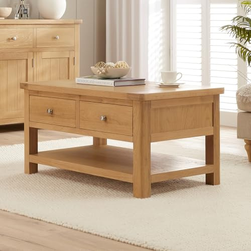 The Furniture Market | Marbury Oak | Two Drawer Coffee Table | Storage & Lower Shelf | Living Room | Whitewash Solid Oak | Choice of Handles | Fully Assembled | H 500 x W 1000 x D 600mm