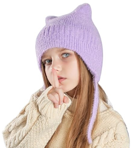 Kinder Winter Katze Ohren Gestrickte Ohrklappe Hut 4-10Y Jungen Mädchen Cartoon Beanie Hut mit Schnur Kinder Warme Vollfarbe Plüsch Kappe Anti-kalte Ohren Schützen Zubehör Outdoor Radfahren Skimütze