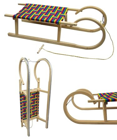 Hörnerrodel 100 cm mit Gurtsitz bunt - Holzschlitten aus massivem Buchenholz - Hörnerschlitten Rodelschlitten für 2 Personen mit Zugseil & Stahlkufen - robust & langlebig