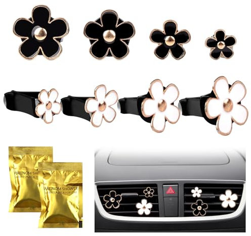 8 Stück Auto Lufterfrischer Clip, Gänseblümchen Blume Auto Aromatherapie Vent Clips, 4 Größen Auto Parfüm Diffusor mit 4 Stück Aromatherapie Tabletten für Autozubehör Innenraum Deko (Schwarz,Weiß)