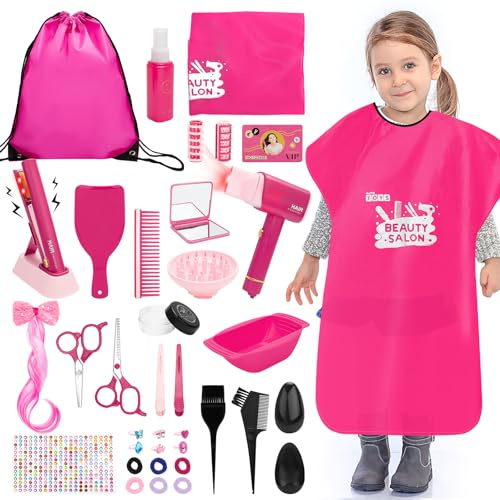 deAO Hair Salon Toys for Girls Dress Up Beauty Salon Set Pretend Hair Styling Set with Hair Dryer, Barber Costume Apron, Curling Irons, Flat Irons Birthday Gifts for Kids Toddler 3+