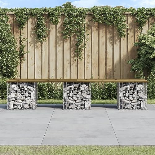 Myheimly Gabionenwand Gartenbank, Sitzbank Bank Gabionen, Gabionenbank für Garten Terrasse, Steinkorb Drahtkorb Parkbank Gartenmöbel, Massivholz Kiefer Dunkelbraun,203 x 31 x 42 cm