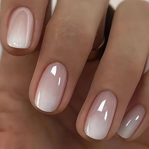 MouyouGlow Press on Nails Kurz,Square Nude Rosa Gradient Weiß Chrome Glazed Donut Hailey Bieber Fake Nails,Natural Pink Ombre White Solid Künstliche Fingernägel