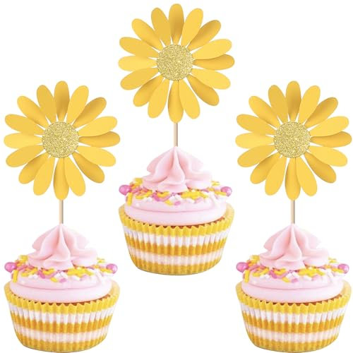 Rsstarxi Paquete de 24 adornos para cupcakes de margaritas amarillas con purpurina, flores silvestres, crisantemo, manzanilla, para baby shower, boda, fiesta de cumpleaños, decoración de pasteles