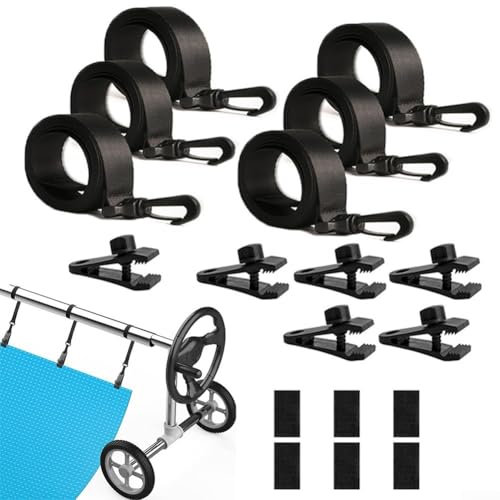 Kit di fissaggio per bobina di copertura solare per piscina interrata, include cinghie di copertura solare, clip di fissaggio, cinghie (18 pezzi)