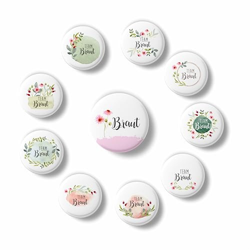 Team Braut Buttons – 10er Set für JGA | Anstecker mit Blumenmotiv | 1 Braut Button & 9 Team Buttons | Junggesellinnenabschied Accessoire