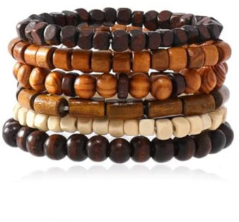 Ticome 6Pcs Wooden Bead Bracelet,Bohemian Holiday Commemorative Men's Multi-Layer Bead Wrist Adjustable Elastic Natural Retro Meditation Prayer Cuff Wrap Bangle Jewelry Set