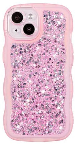 ZTOFERA Sparkly Sequins Wavy Case for iPhone 14 Plus (6.7), Pink | Cute Girly Women Case, Curly Wave Frame Shape, Bling Shiny Glitters, Clear Soft TPU Back Case, Shockproof Protective Cover