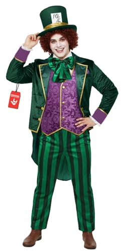 Morph, Mad Hatter Costume Men, Halloween Costumes for Men | Green Velvet-feel Jacket, Purple Brocade-style Waistcoat Included, Perfect for Halloween, Great for Fancy Dress