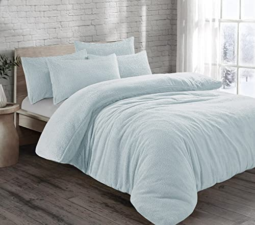 HOMES-LINEN Teddy Bear Fleece Thermal Warm Cosy Soft Fur Duvet Cover Set With Pillow Cases (Duck Egg, Super King)