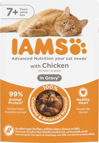 IAMS Delights Katzenfutter Nass mit Huhn in Sauce für ältere Katzen ab 7 Jahre - Probiergröße, Einzelbeutel, 1 x 85g (Packung mit 12)