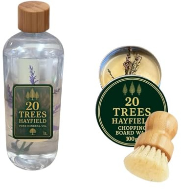 20 Trees Hayfield Chopping Board Oil Care Set, Pure Mineral Oil 1L with Chopping Board Wax 100g and Mushroom Brush, Food Grade Non-Toxic Wood Treatment Kit