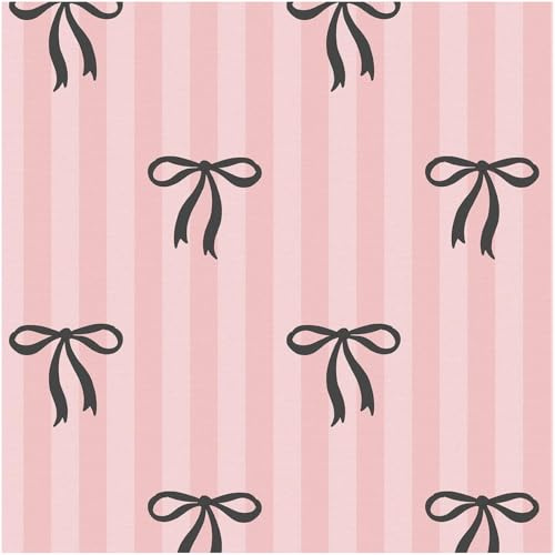YöL Pink Bow Ribbon Vinyl Wallpaper Blush Pink Stripe Girls Bedroom Nursery Wall Covering Cute Coquette Style Black Bow Design Decorative Paper for Feature Wall Dressing Room Decor