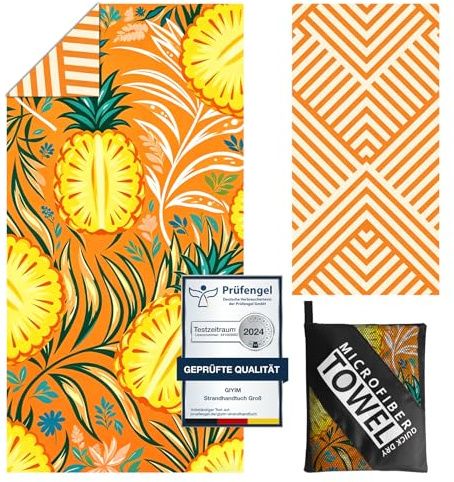 Giyim Strandhandtuch Groß - 180 x 100 cm Strandtuch Mikrofaser mit Tasche, Saugfähig und Schnell Trocknende Strandtuch, Weiches & Leichtes Beach Towel für Strand, Schwimmen (Orange Ananas)
