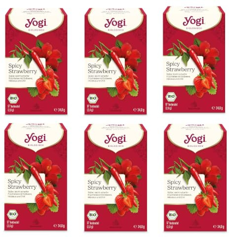 Yogi Spicy Strawberry, süßer, leicht scharfer Ayurveda Bio Früchtetee, aus Erdbeere, Hibiskus und Chili, von Natur aus koffeinfrei, 6x17 Beutel (102 Teebeutel gesamt)