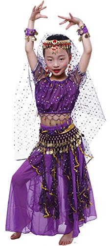 Astage Fille Danse Ventre Costume Carnaval Paillettes Halloween Performance Danse Robe Violet S