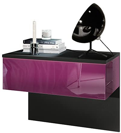 Vladon Nachttisch Sleep, Made in Germany, Nachttischschrank mit Schublade zur Wandmontage, Schwarz matt/Brombeer Hochglanz (60 x 46 x 35 cm)
