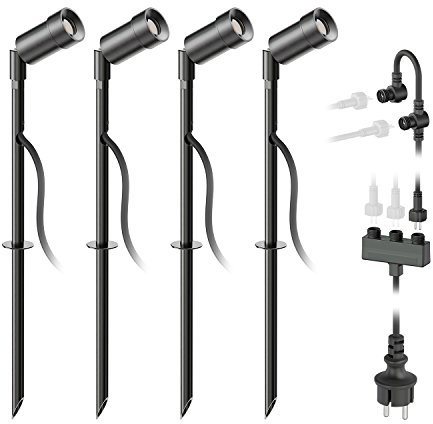ledscom.de LED Gartenstrahler Spico schwarz mit Erdspieß für außen IP44 je 125lm kalt-weiß 4er Set